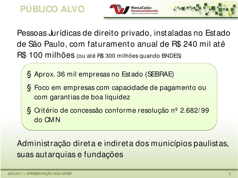 36 mil empresas no Estado (SEBRAE) Foco em empresas com capacidade de pagamento ou com garantias de boa