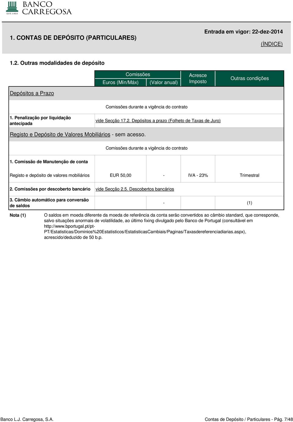 Comissão de Manutenção de conta Registo e depósito de valores mobiliários 50