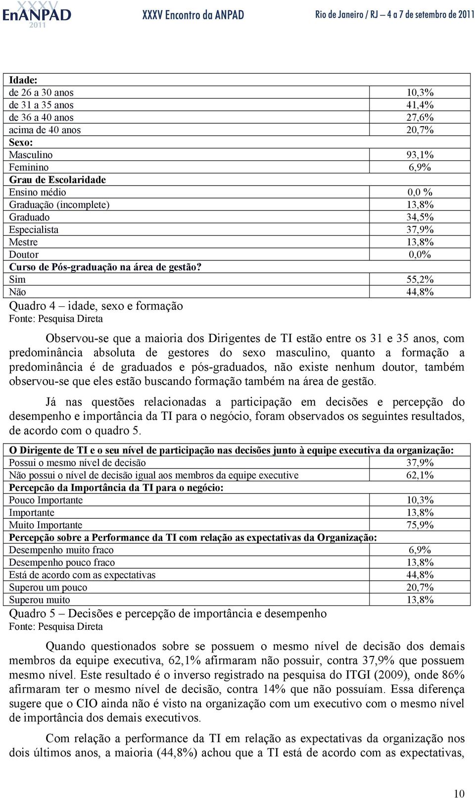 Sim 55,2% Não 44,8% Quadro 4 idade, sexo e formação Fonte: Pesquisa Direta Observou-se que a maioria dos Dirigentes de TI estão entre os 31 e 35 anos, com predominância absoluta de gestores do sexo