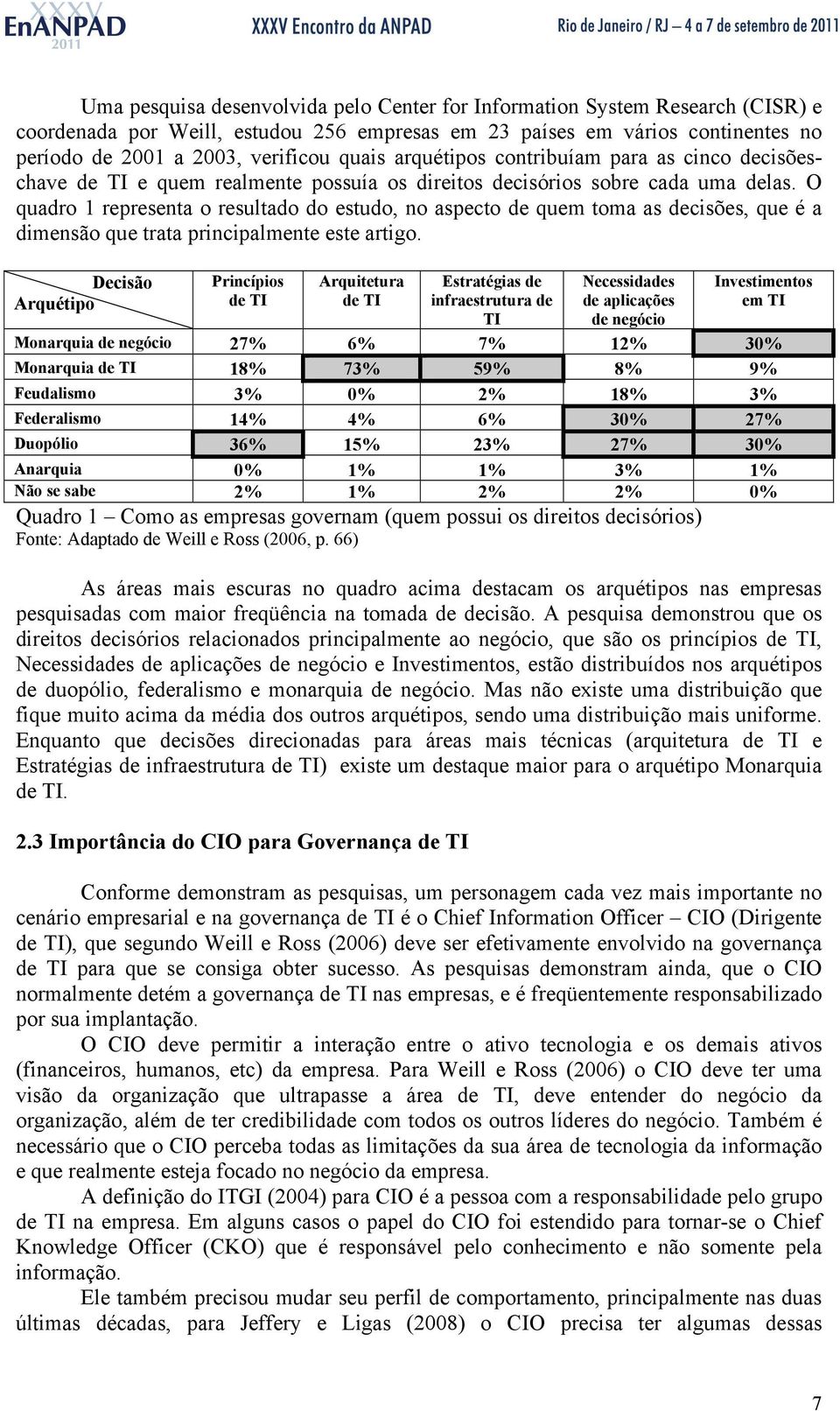 O quadro 1 representa o resultado do estudo, no aspecto de quem toma as decisões, que é a dimensão que trata principalmente este artigo.