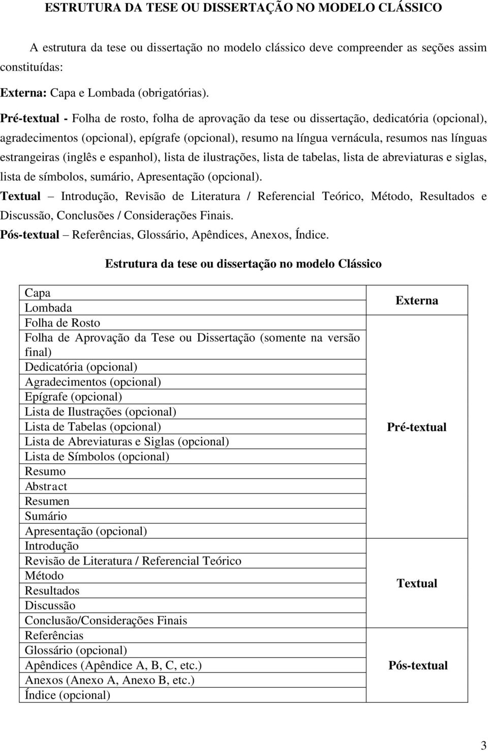 estrangeiras (inglês e espanhol), lista de ilustrações, lista de tabelas, lista de abreviaturas e siglas, lista de símbolos, sumário, Apresentação (opcional).