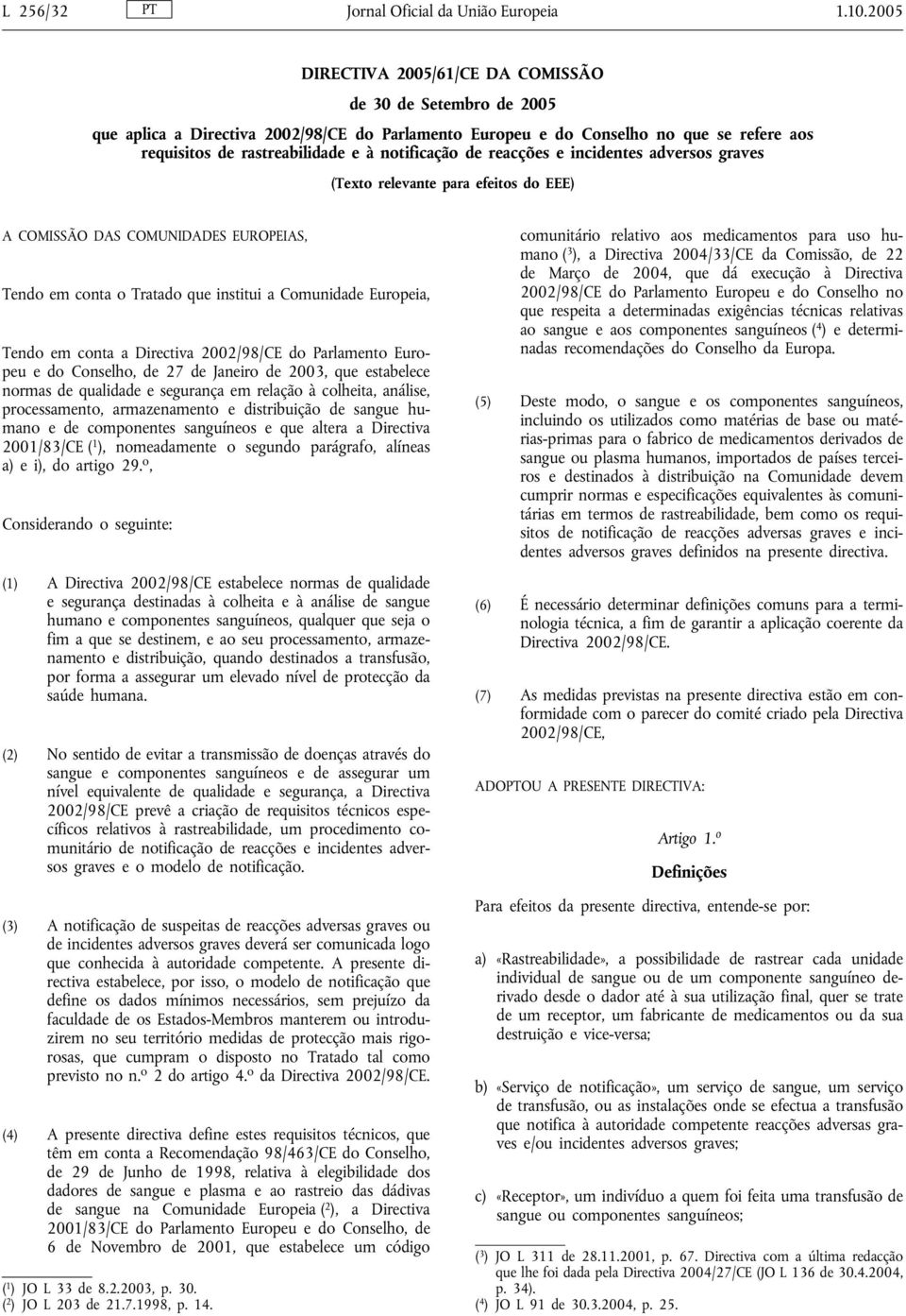 notificação de reacções e incidentes adversos graves (Texto relevante para efeitos do EEE) A COMISSÃO DAS COMUNIDADES EUROPEIAS, Tendo em conta o Tratado que institui a Comunidade Europeia, Tendo em