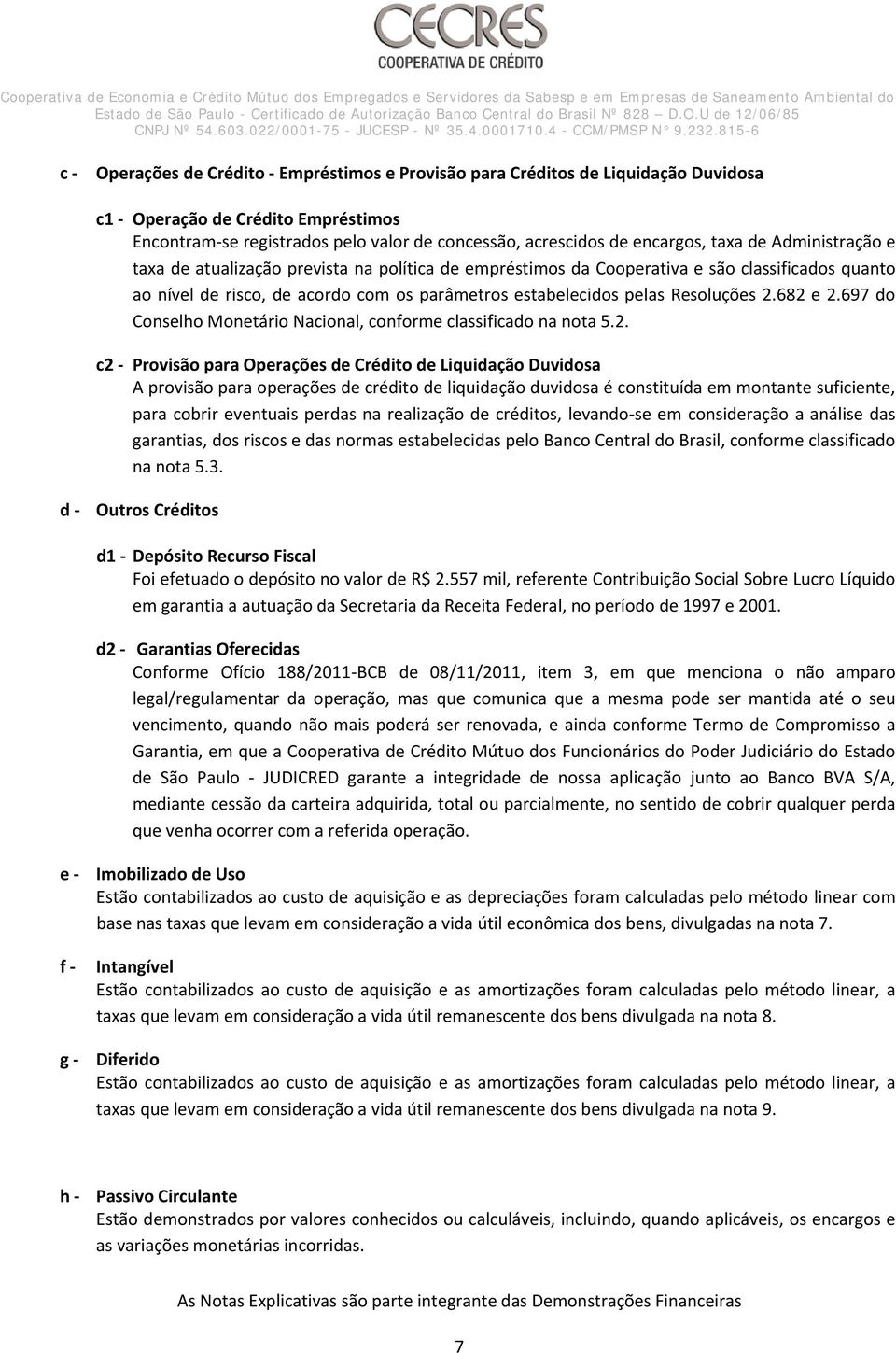 682 e 2.697 do Conselho Monetário Nacional, conforme classificado na nota 5.2. c2 Provisão para Operações de Crédito de Liquidação Duvidosa A provisão para operações de crédito de liquidação duvidosa