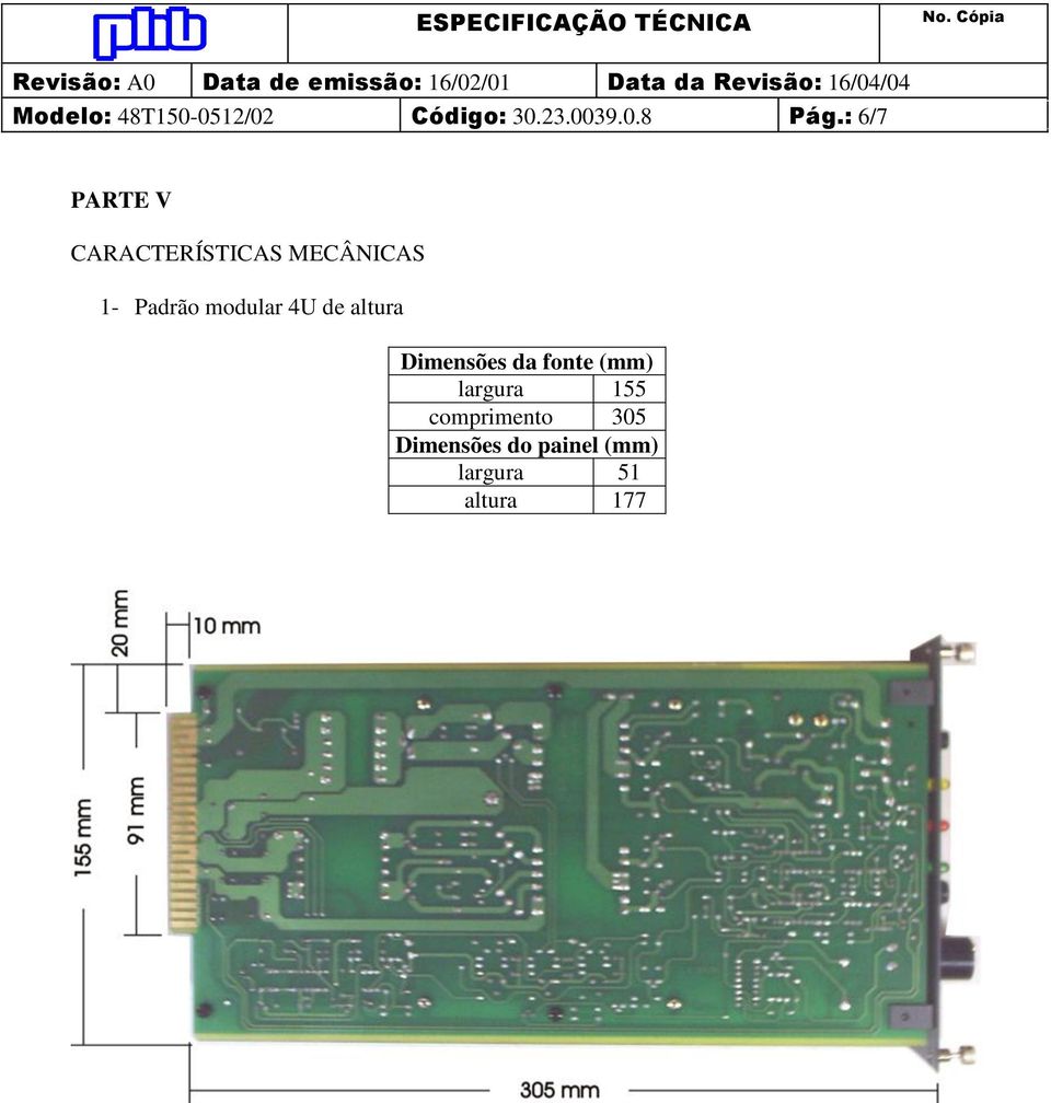 modular 4U de altura Dimensões da fonte (mm) largura