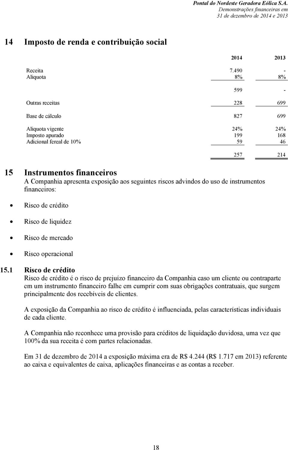 Companhia apresenta exposição aos seguintes riscos advindos do uso de instrumentos financeiros: Risco de crédito Risco de liquidez Risco de mercado Risco operacional 15.