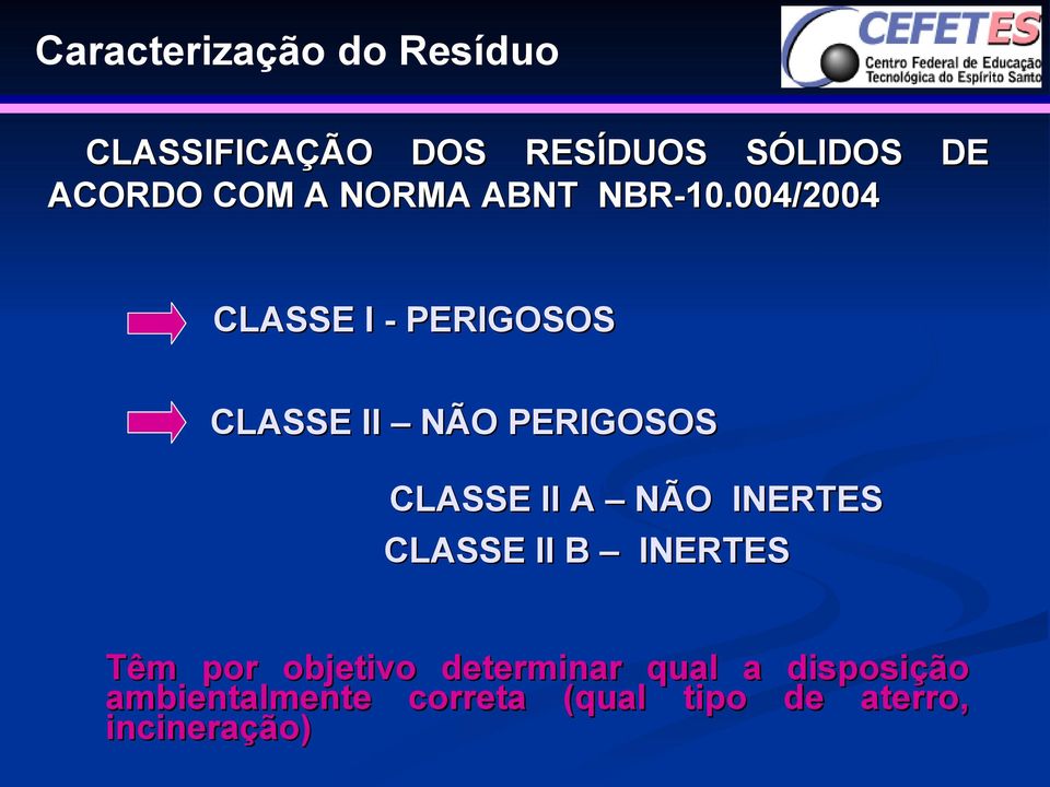 004/2004 DE CLASSE I - PERIGOSOS CLASSE II NÃO PERIGOSOS CLASSE II A NÃO