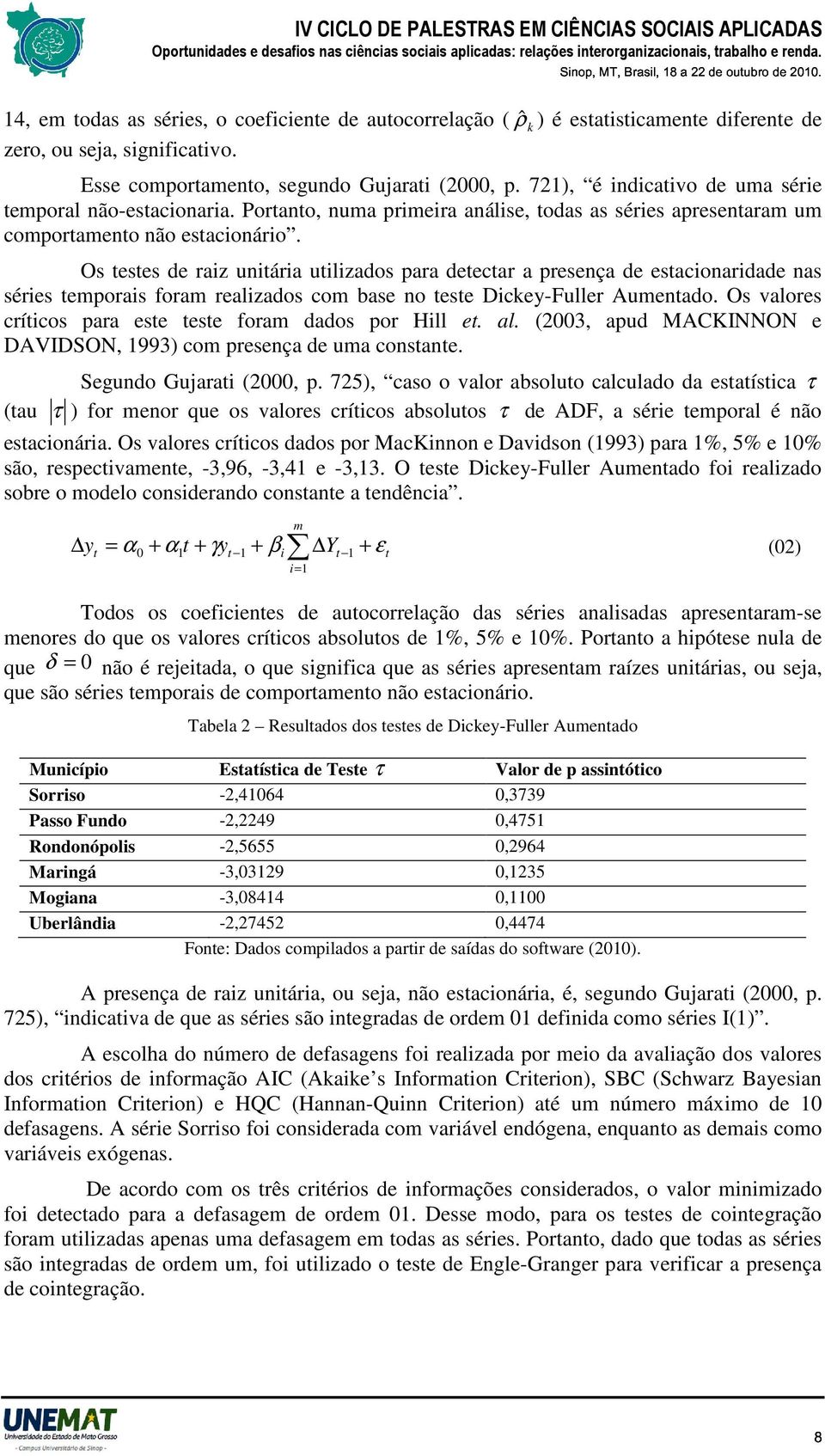 Os eses de raiz uniária uilizados para deecar a presença de esacionaridade nas séries emporais foram realizados com base no ese Dickey-Fuller Aumenado.