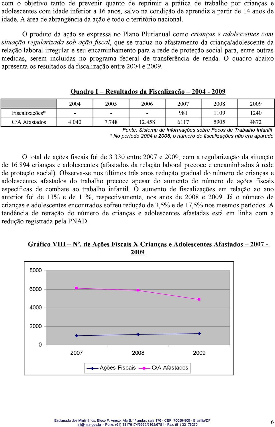 O produto da ação se expressa no Plano Plurianual como crianças e adolescentes com situação regularizada sob ação fiscal, que se traduz no afastamento da criança/adolescente da relação laboral