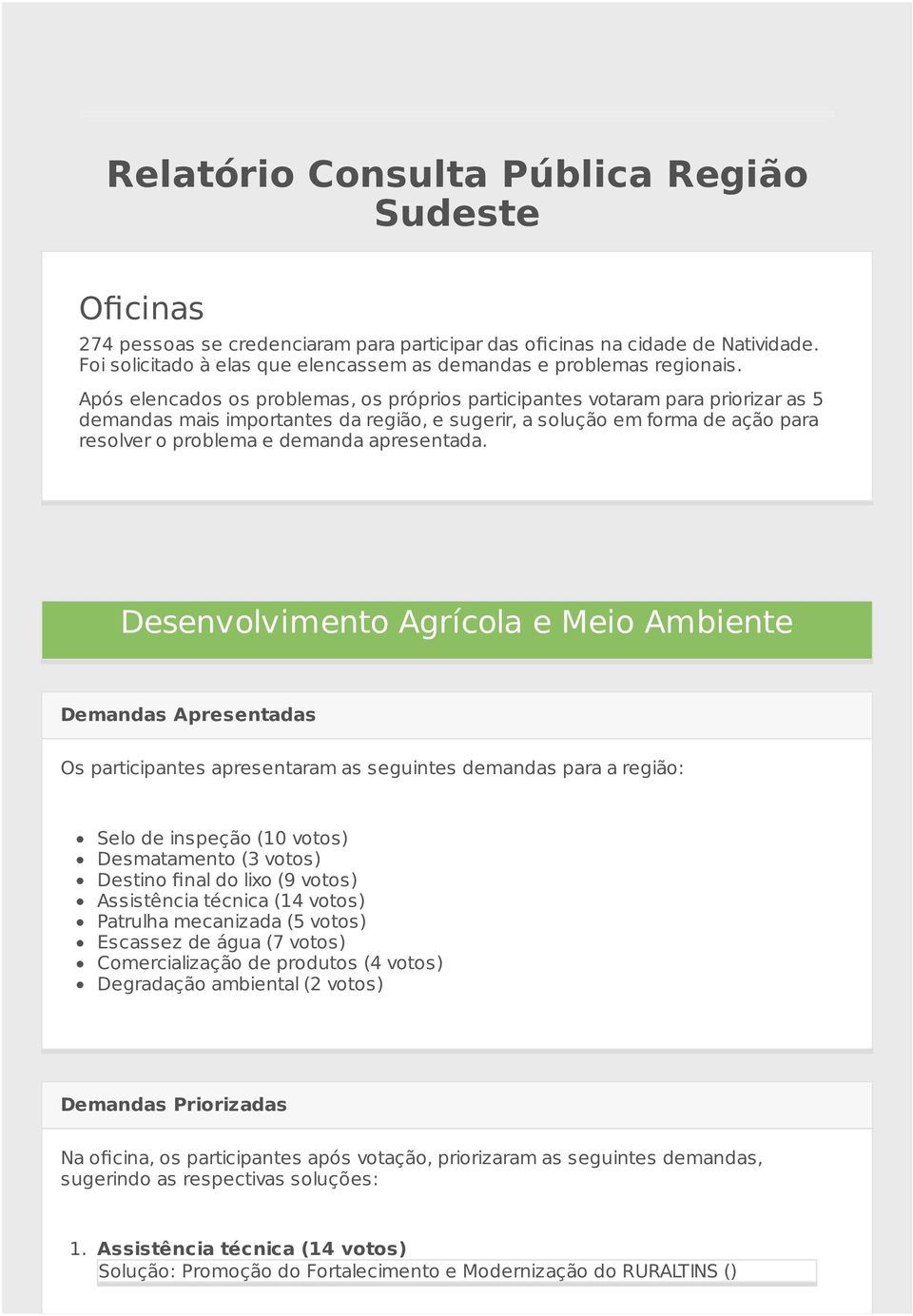 Após elencados os problemas, os próprios participantes votaram para priorizar as 5 demandas mais importantes da região, e sugerir, a solução em forma de ação para resolver o problema e demanda