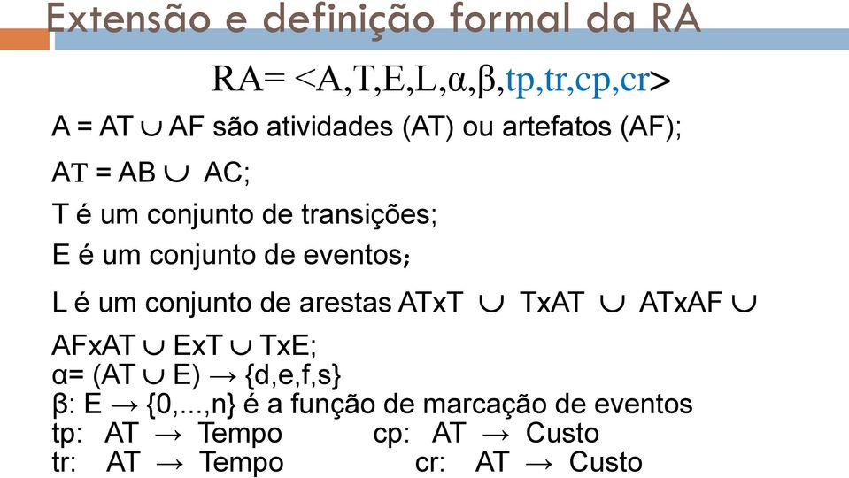 eventos; L é um conjunto de arestas ATxT TxAT ATxAF AFxAT ExT TxE; α= (AT E) {d,e,f,s} β: