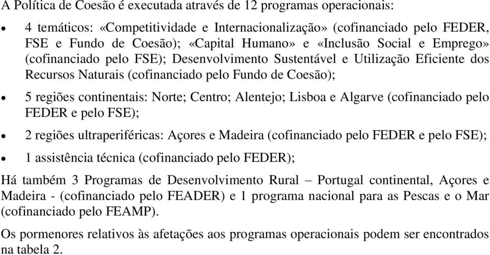 Centro; Alentejo; Lisboa e Algarve (cofinanciado pelo FEDER e pelo FSE); 2 regiões ultraperiféricas: Açores e Madeira (cofinanciado pelo FEDER e pelo FSE); 1 assistência técnica (cofinanciado pelo