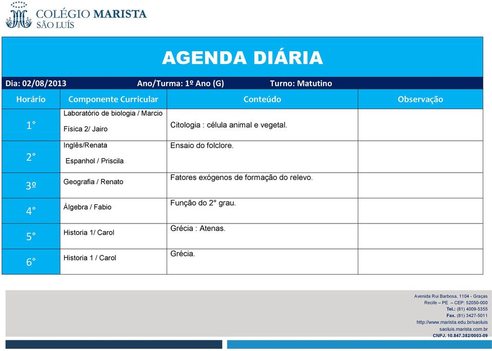 Inglês/Renata Álgebra / Fabio Historia 1 / Carol