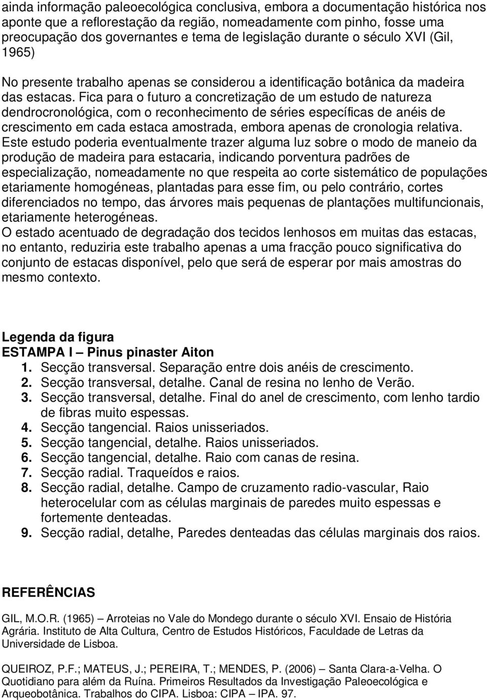 Fica para o futuro a concretização de um estudo de natureza dendrocronológica, com o reconhecimento de séries específicas de anéis de crescimento em cada estaca amostrada, embora apenas de cronologia