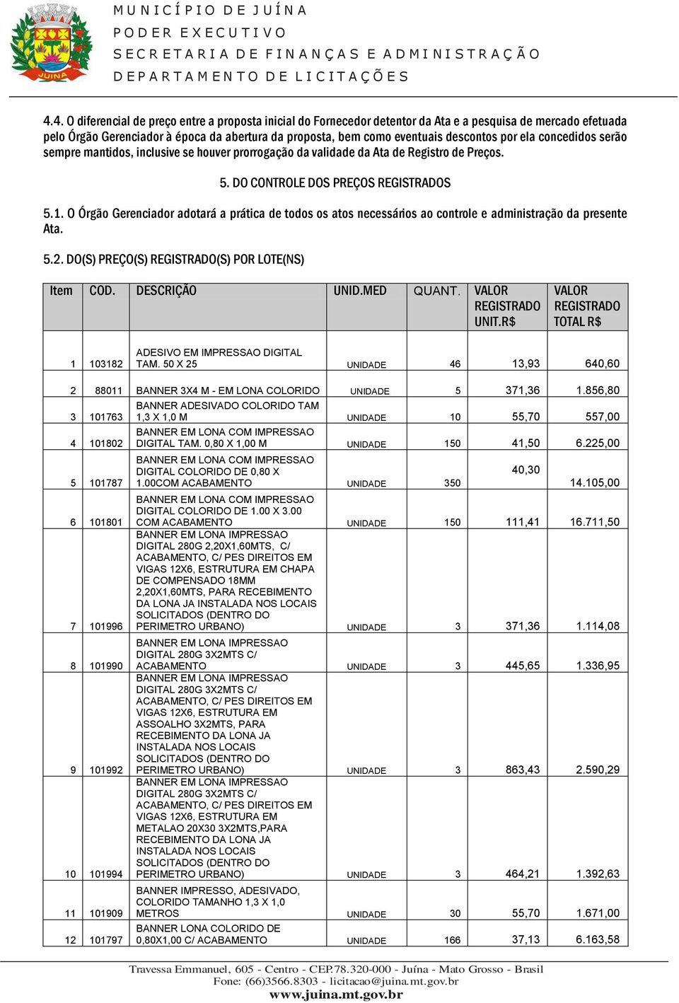 O Órgão Gerenciador adotará a prática de todos os atos necessários ao controle e administração da presente Ata. 5.2. DO(S) PREÇO(S) REGISTRADO(S) POR LOTE(NS) Item COD. DESCRIÇÃO UNID.MED QUANT.