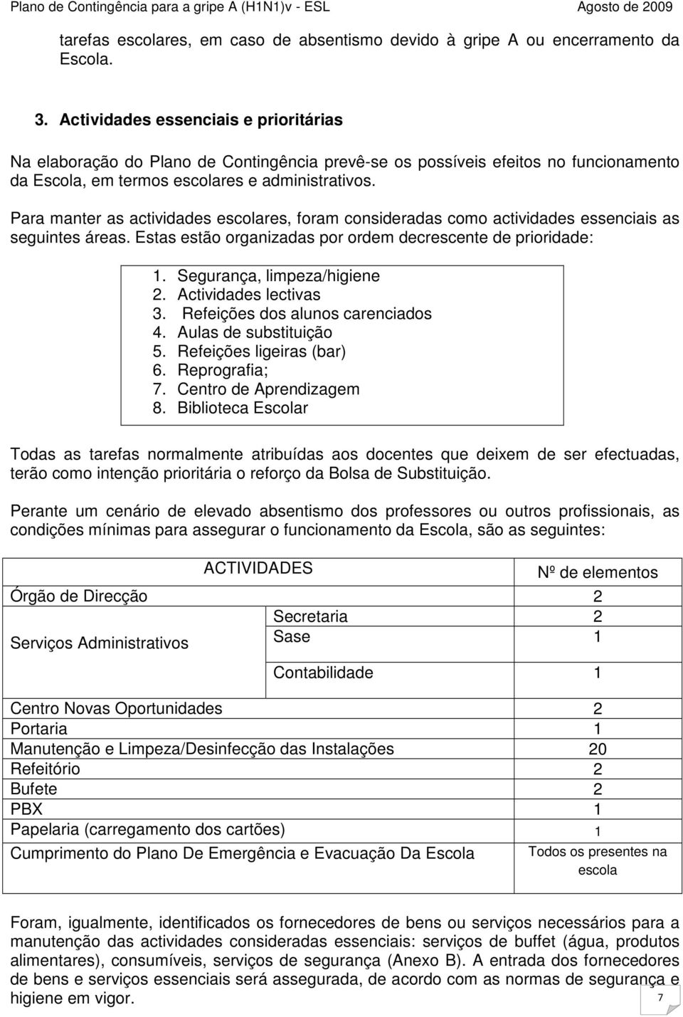 Para manter as actividades escolares, foram consideradas como actividades essenciais as seguintes áreas. Estas estão organizadas por ordem decrescente de prioridade: 1. Segurança, limpeza/higiene 2.