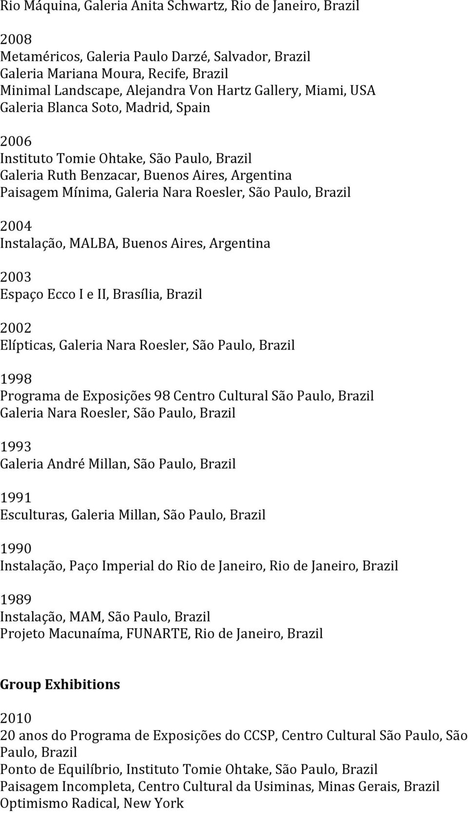 MALBA, Buenos Aires, Argentina 2003 Espaço Ecco I e II, Brasília, Brazil 2002 Elípticas, Galeria Nara Roesler, São 1998 Programa de Exposições 98 Centro Cultural São Galeria Nara Roesler, São 1993