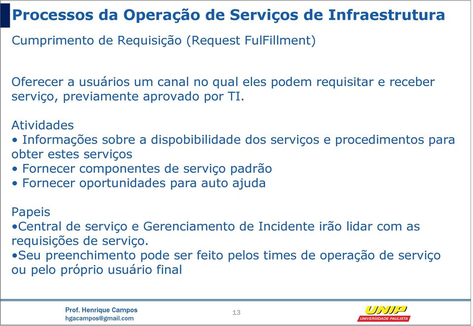 Atividades Informações sobre a dispobibilidade dos serviços e procedimentos para obter estes serviços Fornecer componentes de serviço
