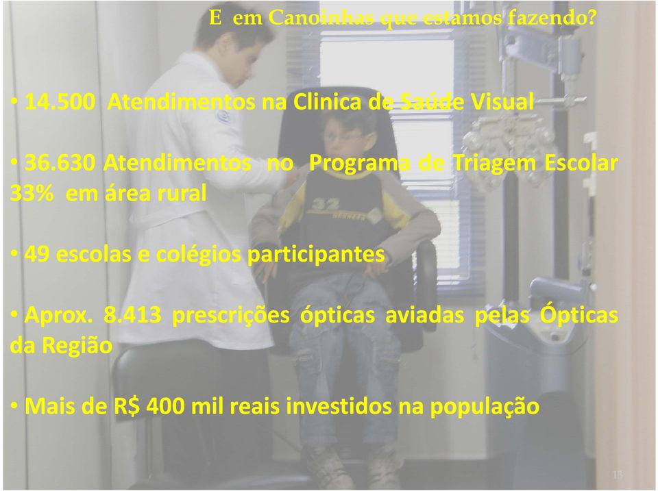 .630 Atendimentos no Programa de Triagem Escolar 33% 33 % em área á rurall 49 9 escolas l e