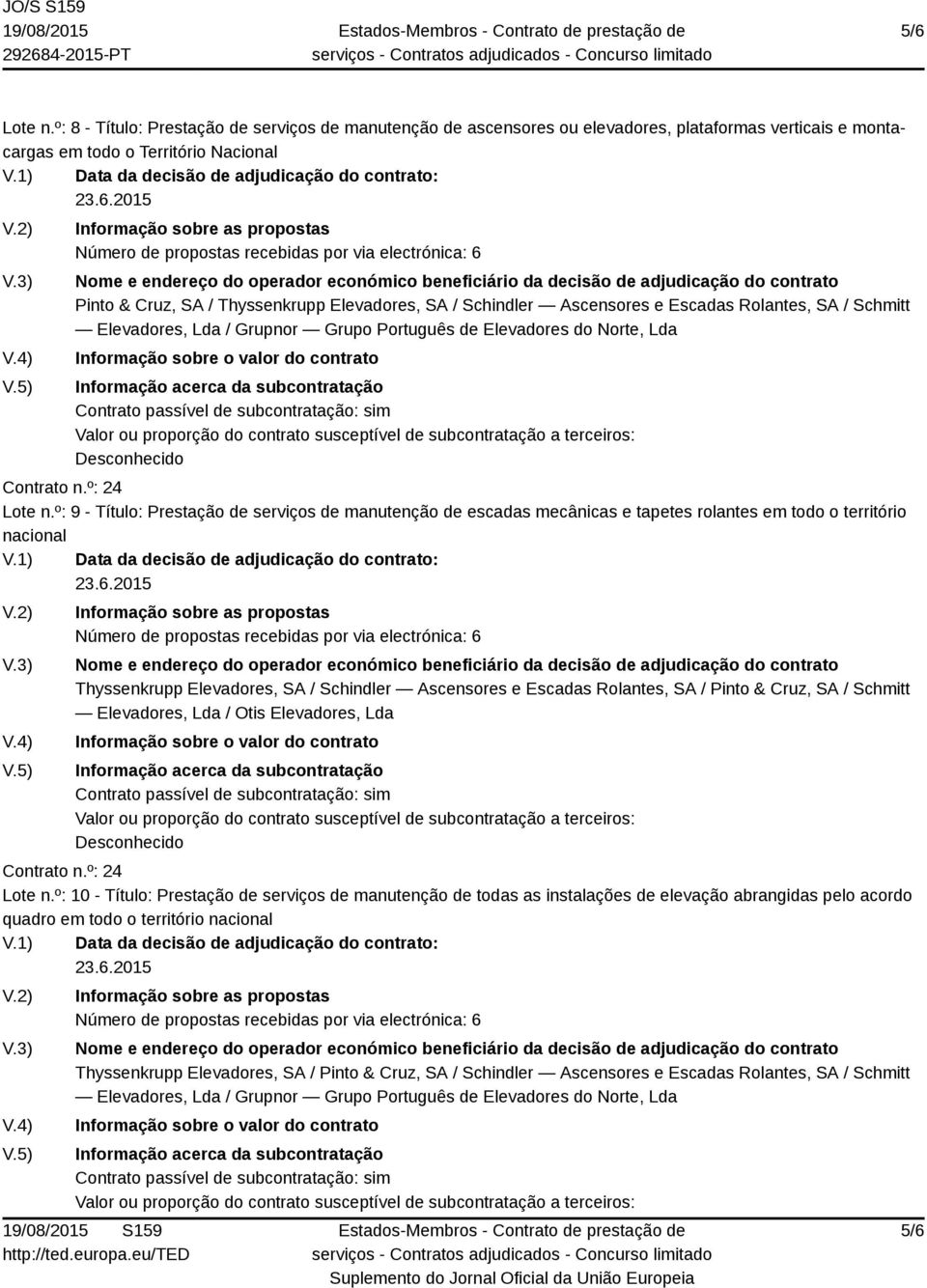 Escadas Rolantes, SA / Pinto & Cruz, SA / Schmitt Elevadores, Lda / Otis Elevadores, Lda Lote n.