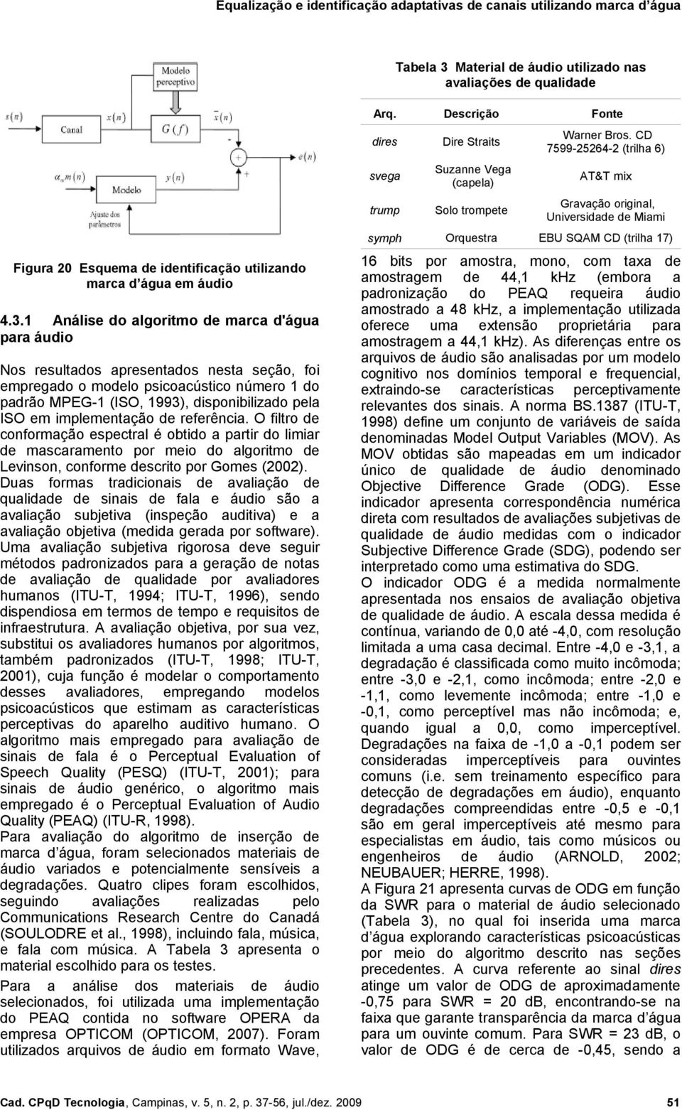 1 Análise do algorito de arca d'água para áudio Nos resultados apresentados nesta seção, foi epregado o odelo psicoacústico núero 1 do padrão MPEG-1 (ISO, 1993), disponibilizado pela ISO e