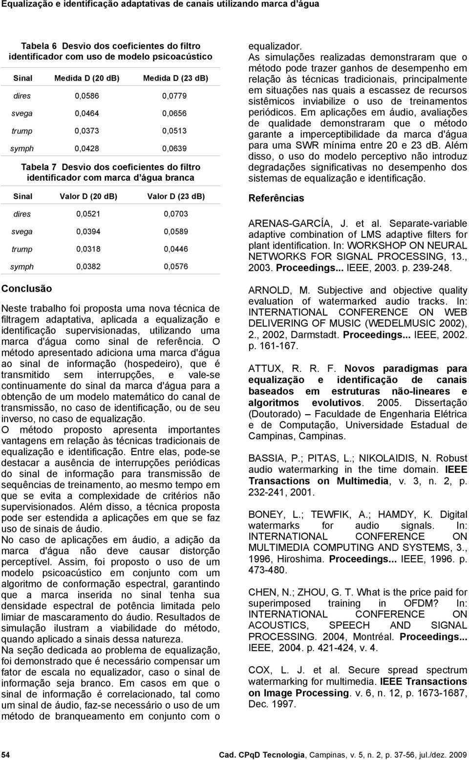 Conclusão Neste trabalho foi proposta ua nova técnica de filtrage adaptativa, aplicada a equalização e identificação supervisionadas, utilizando ua arca d'água coo sinal de referência.