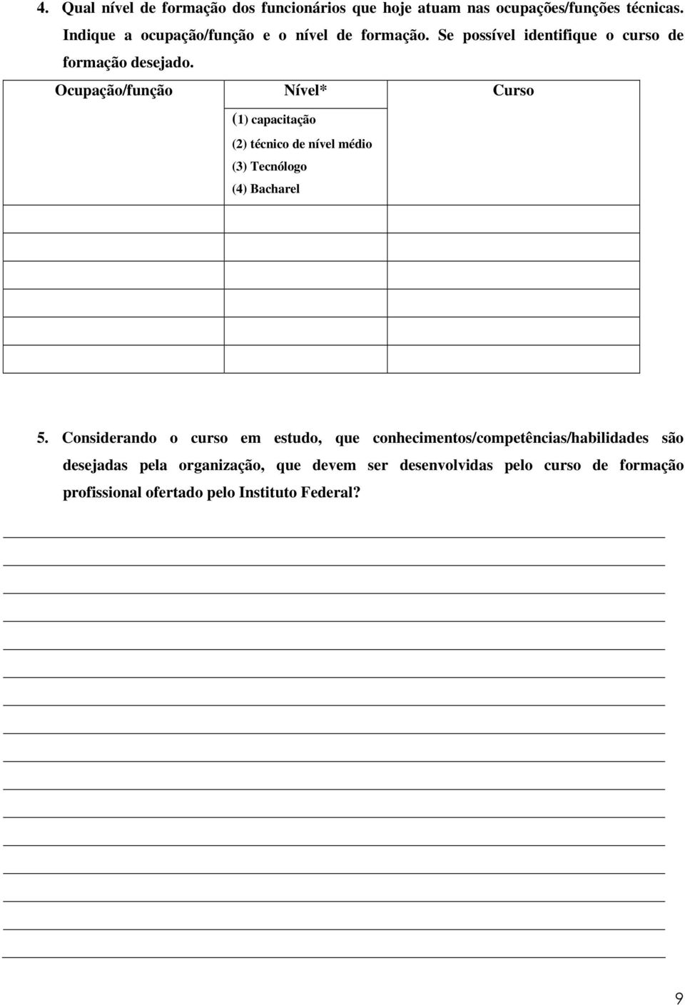 Ocupação/função Nível* Curso (1) capacitação (2) técnico de nível médio (3) Tecnólogo (4) Bacharel 5.