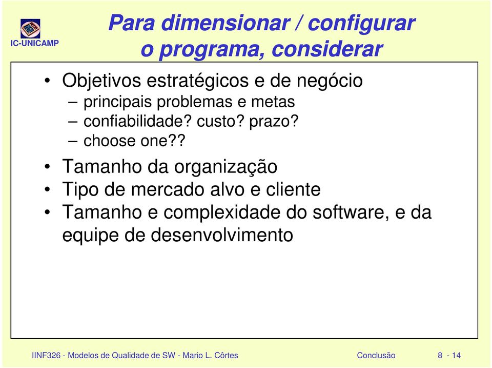 ? Tamanho da organização Tipo de mercado alvo e cliente Tamanho e complexidade do