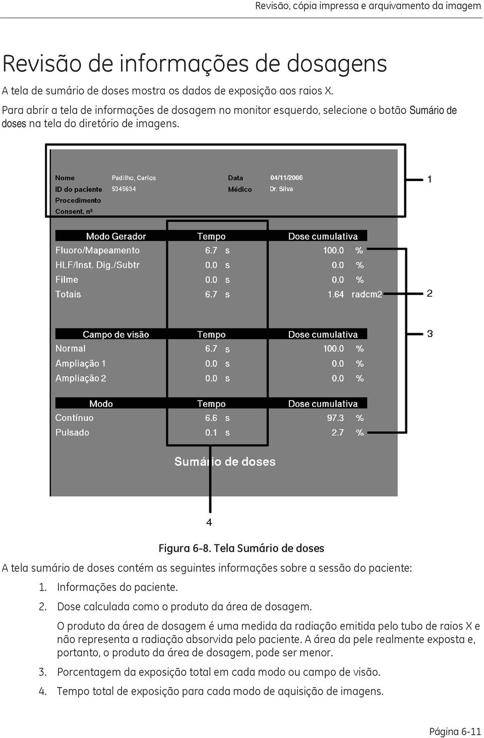 Tela Sumário de doses A tela sumário de doses contém as seguintes informações sobre a sessão do paciente: 1. Informações do paciente. 2. Dose calculada como o produto da área de dosagem.