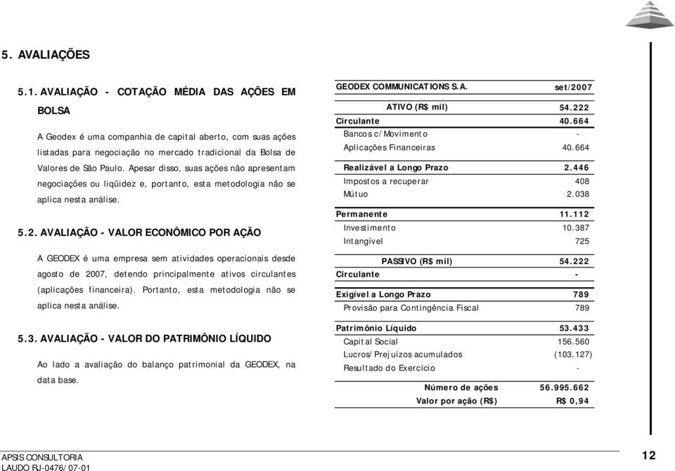 AVALIAÇÃO - VALOR ECONÔMICO POR AÇÃO A GEODEX é uma empresa sem atividades operacionais desde agosto de 2007, detendo principalmente ativos circulantes (aplicações financeira).