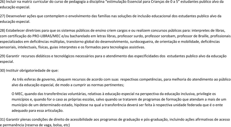 28) Estabelecer diretrizes para que os sistemas públicos de ensino criem cargos e ou realizem concursos públicos para: interpretes de libras, com certificação do PRO-LIBRAS/MEC e/ou bacharelado em