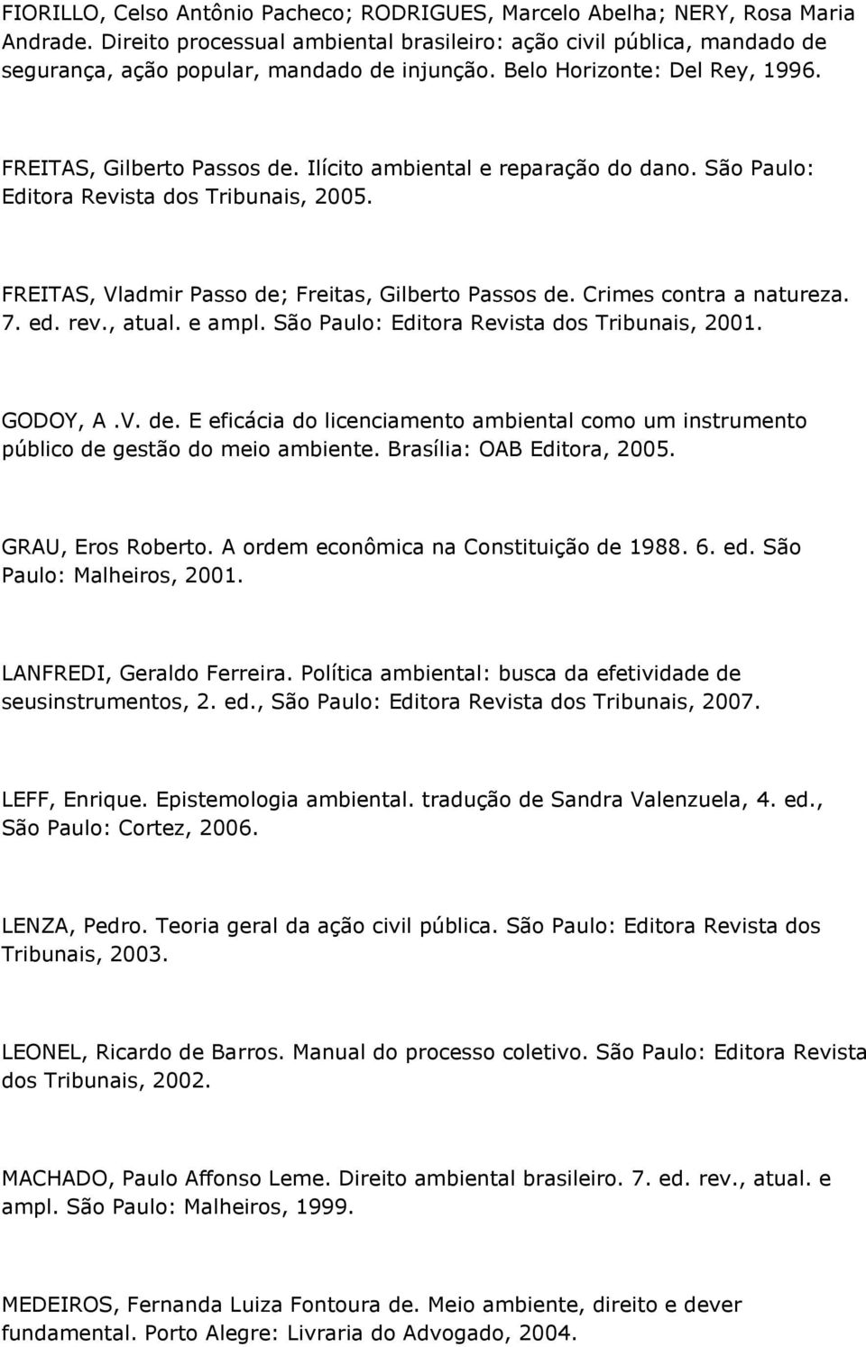 Ilícito ambiental e reparação do dano. São Paulo: Editora Revista dos Tribunais, 2005. FREITAS, Vladmir Passo de; Freitas, Gilberto Passos de. Crimes contra a natureza. 7. ed. rev., atual. e ampl.