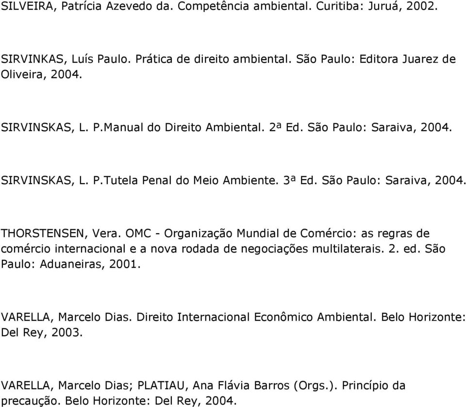 OMC - Organização Mundial de Comércio: as regras de comércio internacional e a nova rodada de negociações multilaterais. 2. ed. São Paulo: Aduaneiras, 2001. VARELLA, Marcelo Dias.