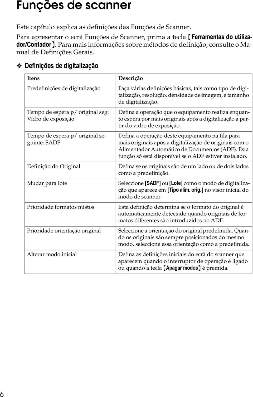 Definições de digitalização Itens Predefinições de digitalização Tempo de espera p/ original seg: Vidro de exposição Tempo de espera p/ original seguinte: SADF Definição do Original Mudar para lote