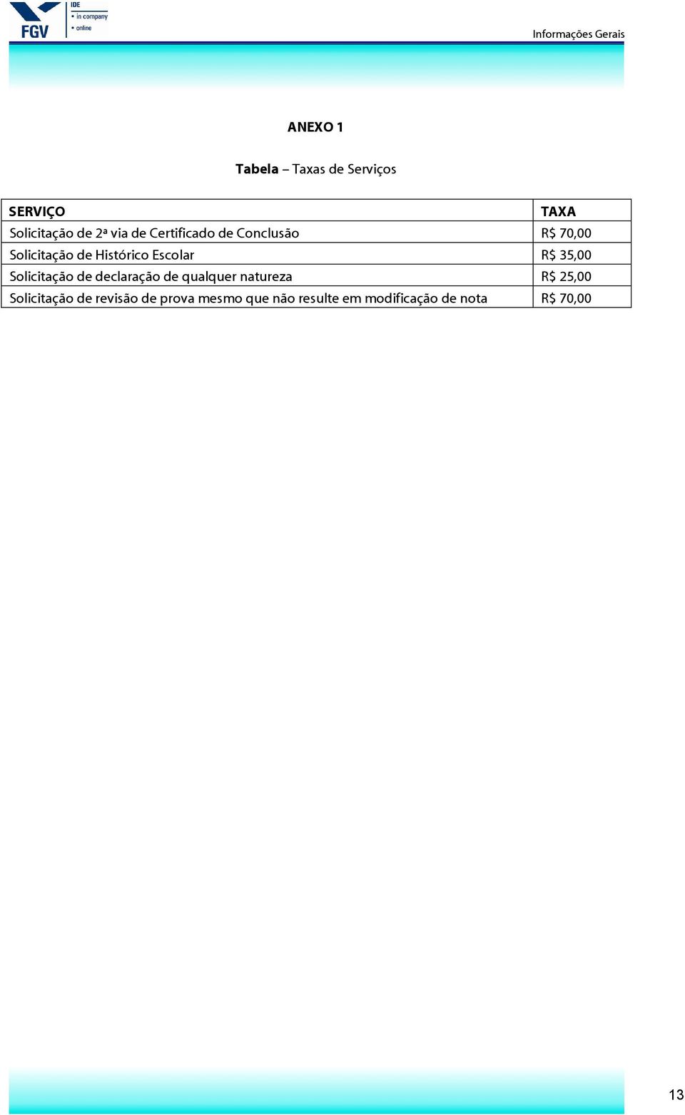 35,00 Solicitação de declaração de qualquer natureza R$ 25,00