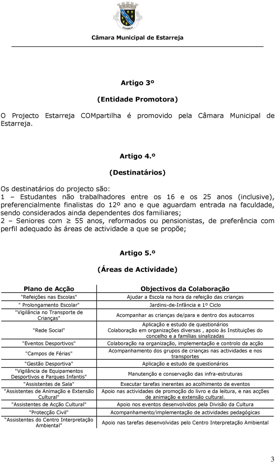 sendo considerados ainda dependentes dos familiares; 2 Seniores com 55 anos, reformados ou pensionistas, de preferência com perfil adequado às áreas de actividade a que se propõe; Artigo 5.