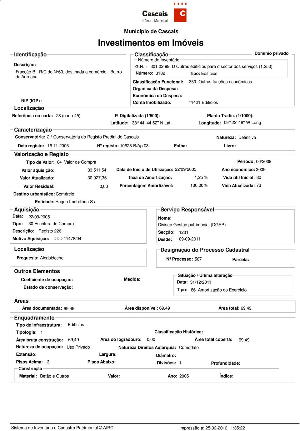 5,54 Data de Início de Utilização: 22/09/2005 30.927,35 Entidade: Hagen Imobiliária S.a DDD 478/04 38 44' 44.