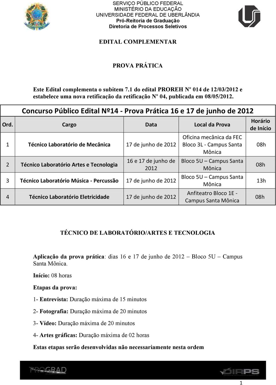 Cargo Data Local da Prova 1 Técnico Laboratório de Mecânica 17 de junho de 2012 2 Técnico Laboratório Artes e Tecnologia 16 e 17 de junho de 2012 3 Técnico Laboratório Música - Percussão 17 de junho