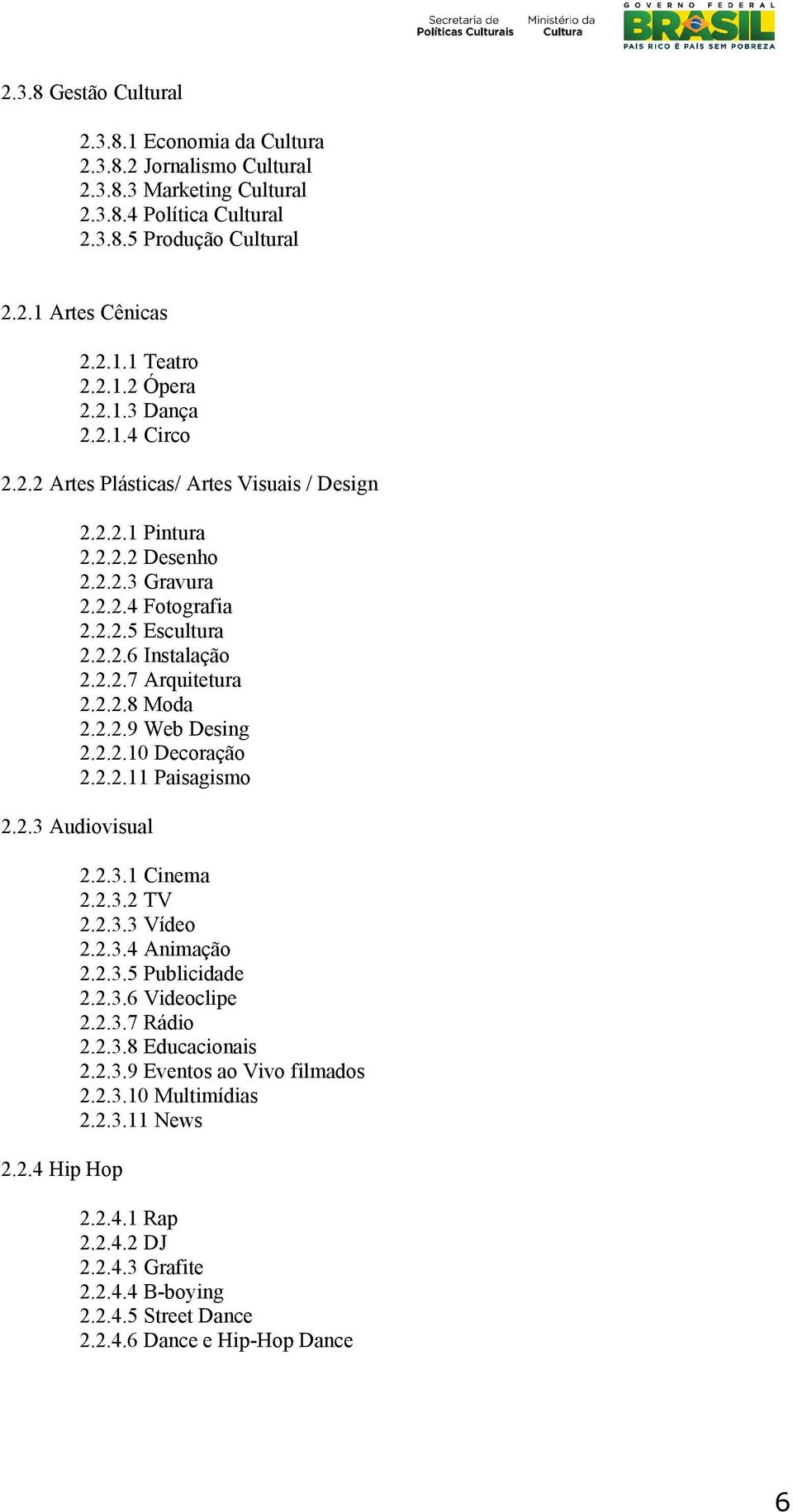2.2.9 Web Desing 2.2.2.10 Decoração 2.2.2.11 Paisagismo 2.2.3 Audiovisual 2.2.4 Hip Hop 2.2.3.1 Cinema 2.2.3.2 TV 2.2.3.3 Vídeo 2.2.3.4 Animação 2.2.3.5 Publicidade 2.2.3.6 Videoclipe 2.2.3.7 Rádio 2.