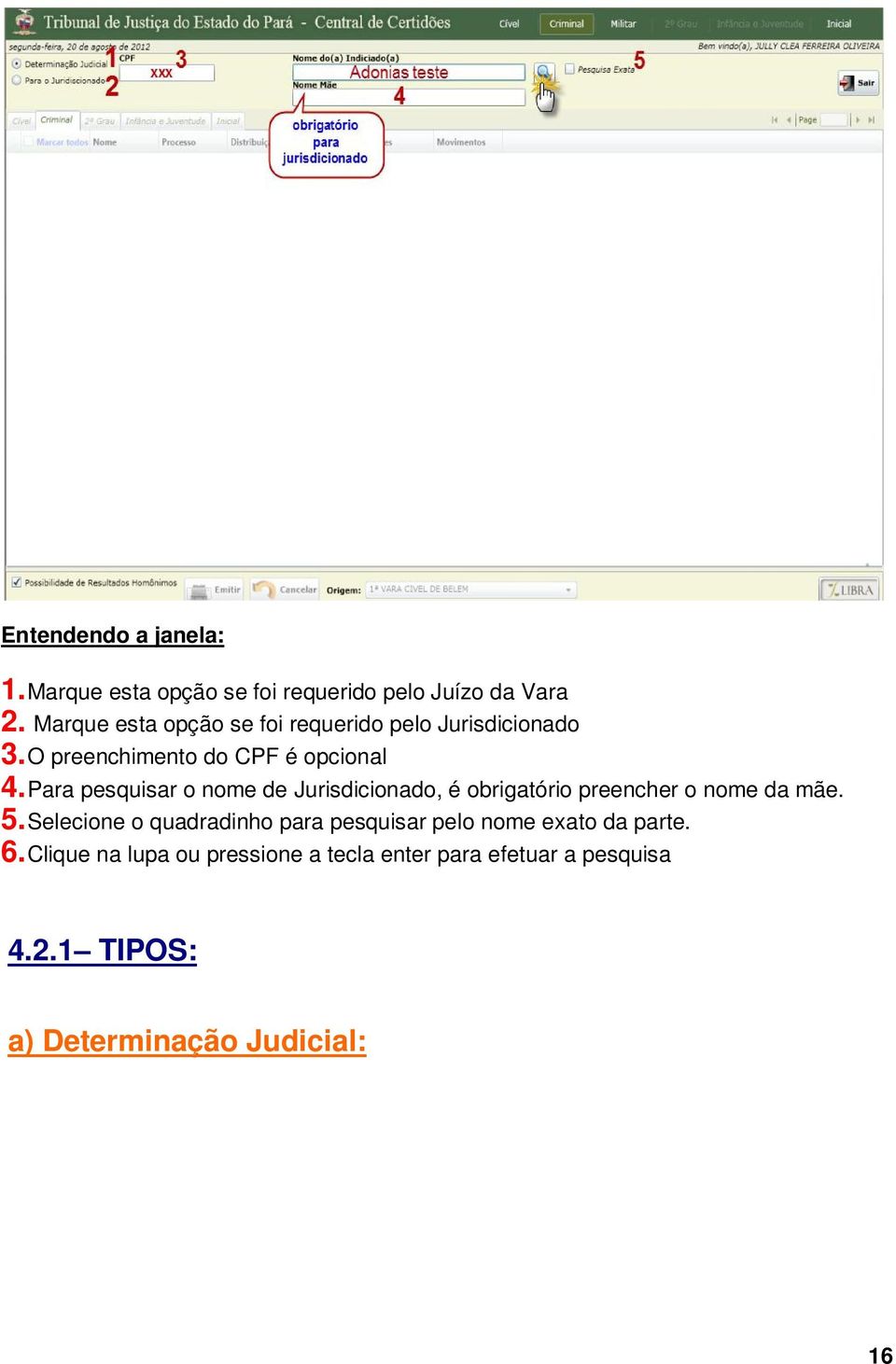 Para pesquisar o nome de Jurisdicionado, é obrigatório preencher o nome da mãe. 5.