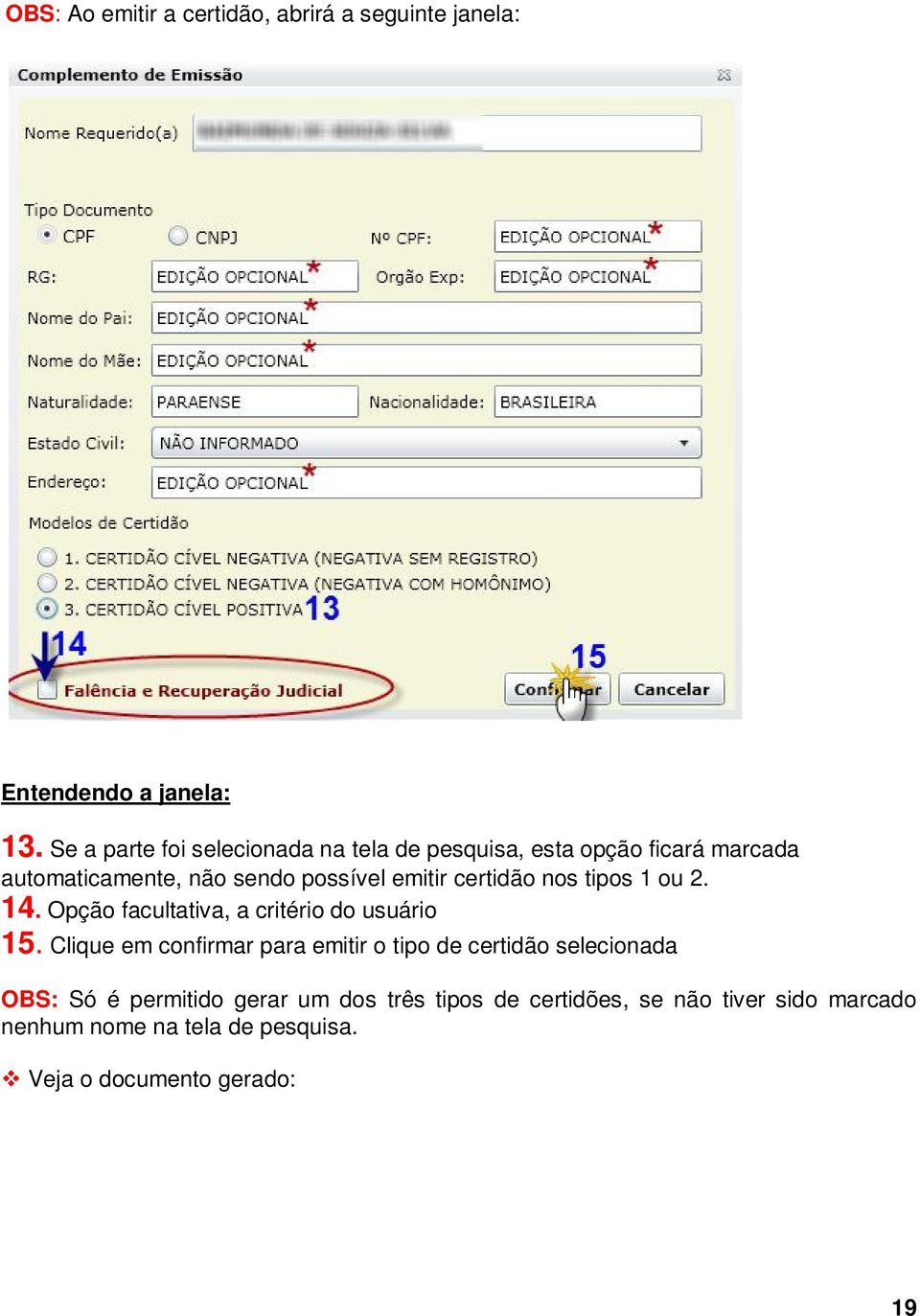 certidão nos tipos 1 ou 2. 14. Opção facultativa, a critério do usuário 15.