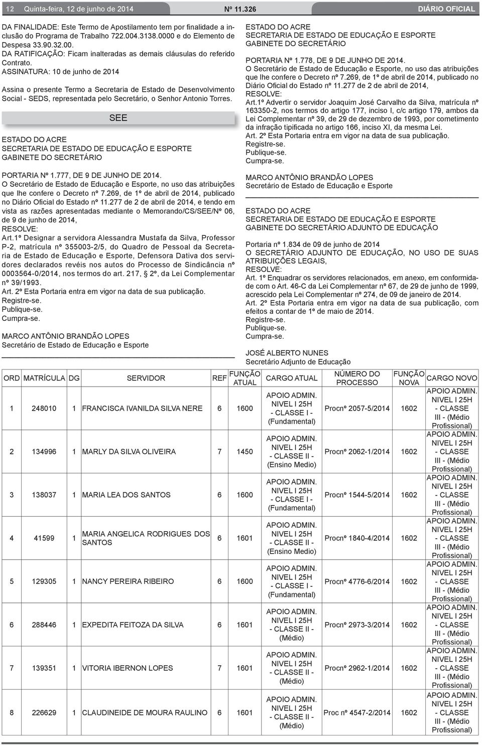 SEE SECRETARIA DE ESTADO DE EDUCAÇÃO E ESPORTE GABINETE DO SECRETÁRIO SECRETARIA DE ESTADO DE EDUCAÇÃO E ESPORTE GABINETE DO SECRETÁRIO PORTARIA Nº 1.778, DE 9 DE JUNHO DE 2014.