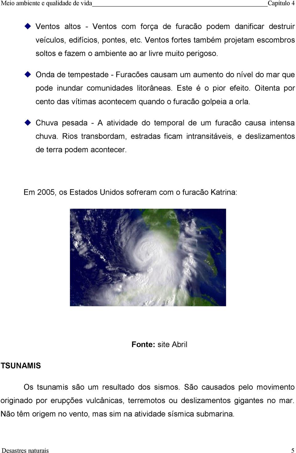 Chuva pesada - A atividade do temporal de um furacão causa intensa chuva. Rios transbordam, estradas ficam intransitáveis, e deslizamentos de terra podem acontecer.