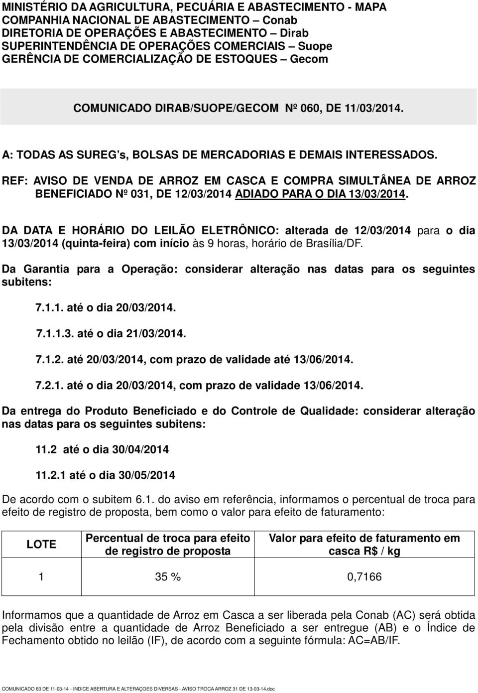 REF: AVISO DE VENDA DE ARROZ EM CASCA E COMPRA SIMULTÂNEA DE ARROZ BENEFICIADO Nº 031, DE 12/03/2014 ADIADO PARA O DIA 13/03/2014.