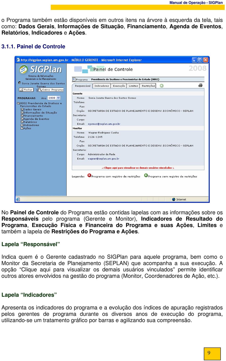 Execução Física e Financeira do Programa e suas Ações, Limites e também a lapela de Restrições do Programa e Ações.