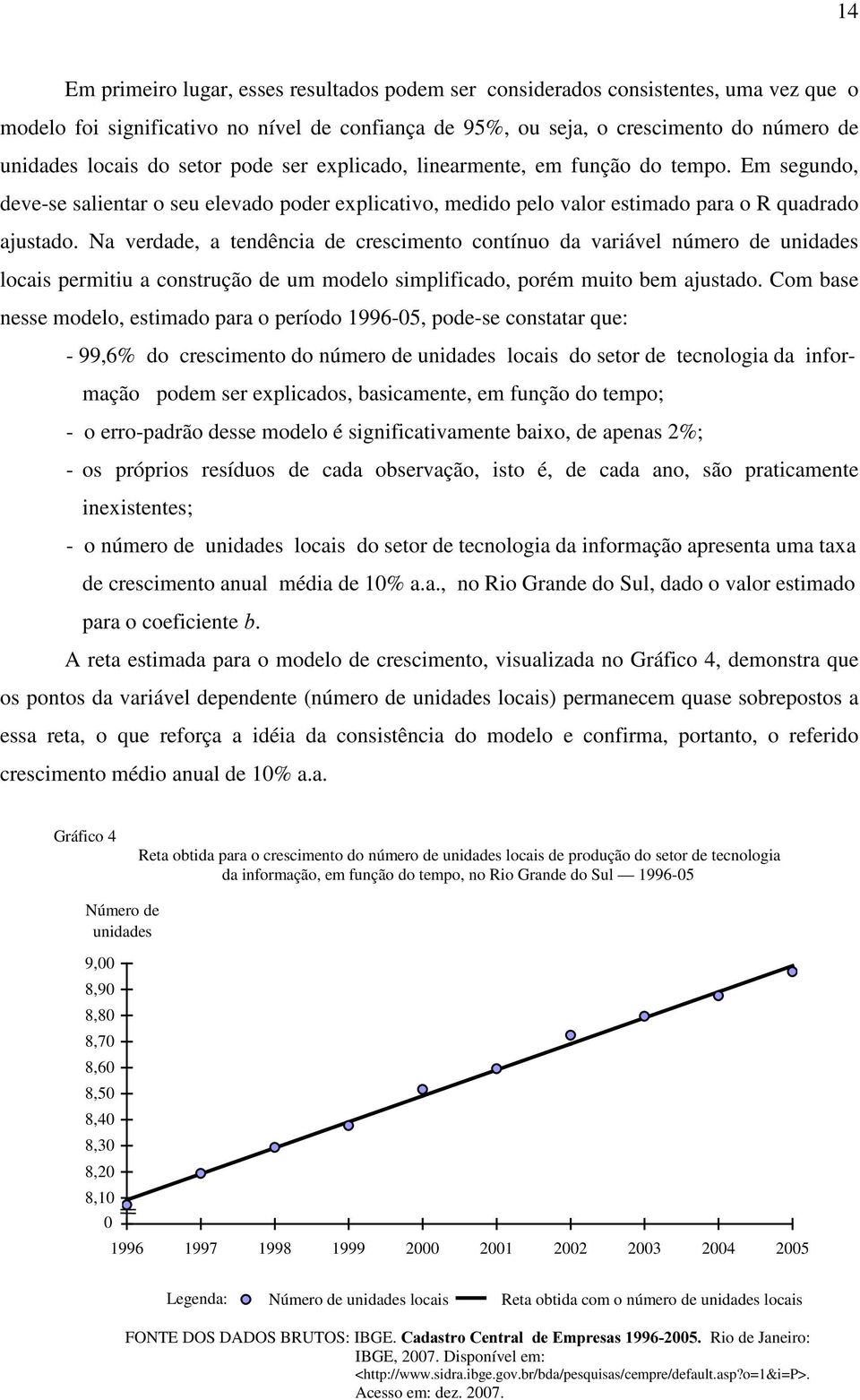 Na verdade, a tendência de crescimento contínuo da variável número de unidades locais permitiu a construção de um modelo simplificado, porém muito bem ajustado.