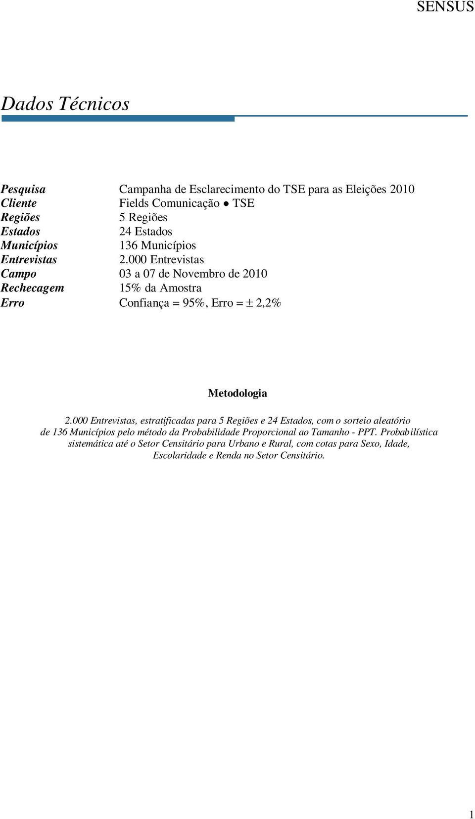 000 Entrevistas Campo 03 a 07 de Novembro de 2010 Rechecagem 15 da Amostra Erro Confiança = 95, Erro = ± 2,2 Metodologia 2.