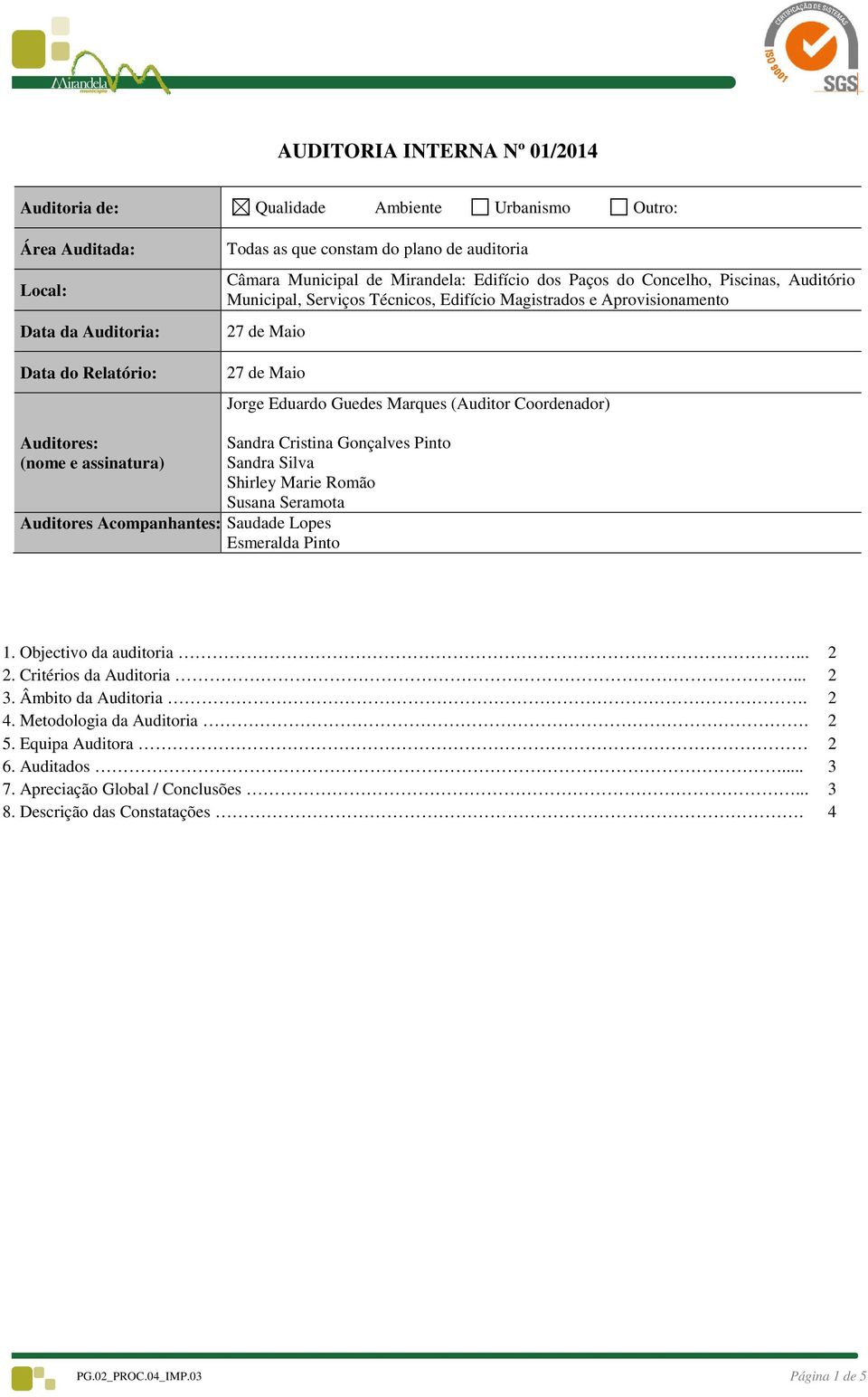 Coordenador) Auditores: (nome e assinatura) Sandra Cristina Gonçalves Pinto Sandra Silva Shirley Marie Romão Susana Seramota Auditores Acompanhantes: Saudade Lopes Esmeralda Pinto 1.