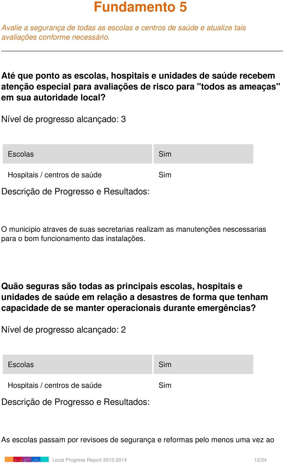 Nível de progresso alcançado: 3 Escolas Hospitais / centros de saúde O municipio atraves de suas secretarias realizam as manutenções nescessarias para o bom funcionamento das instalações.