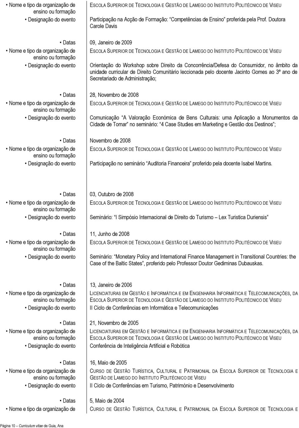 leccionada pelo docente Jacinto Gomes ao 3º ano de Secretariado de Administração; Datas 28, Novembro de 2008 Designação do evento Comunicação A Valoração Económica de Bens Culturais: uma Aplicação a