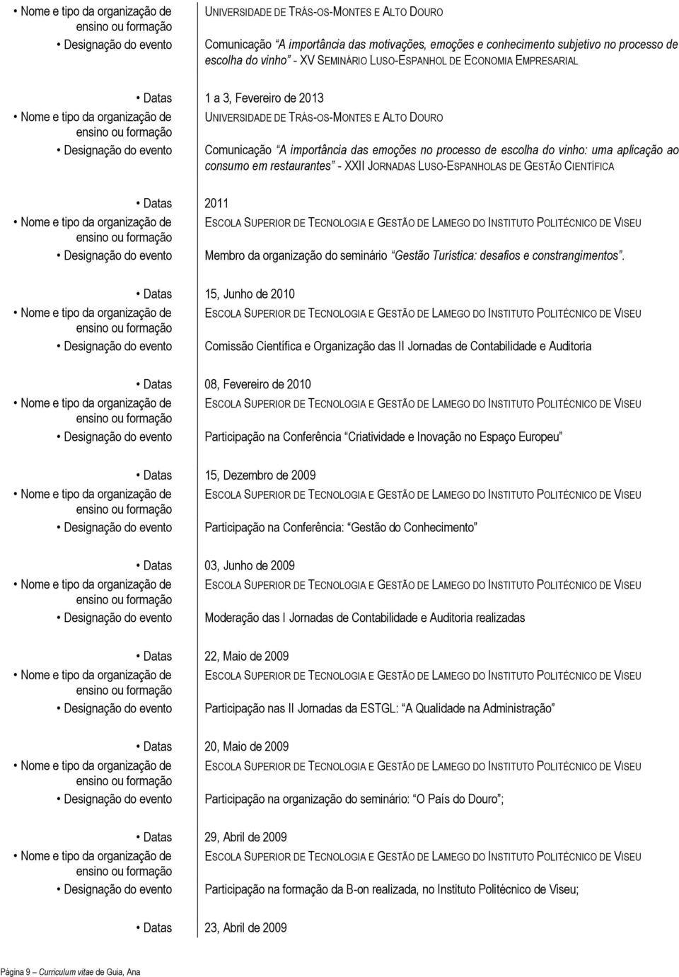 vinho: uma aplicação ao consumo em restaurantes - XXII JORNADAS LUSO-ESPANHOLAS DE GESTÃO CIENTÍFICA Datas 2011 Designação do evento Membro da organização do seminário Gestão Turística: desafios e